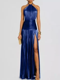 Robe de soirée maxi dorée sans manches et dos nu élégante et semi-formelle