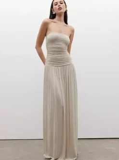Robe de soirée maxi marron sans bretelles plissée sans manches robe sexy semi-formelle