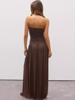 Robe de soirée maxi marron sans bretelles plissée sans manches robe sexy semi-formelle