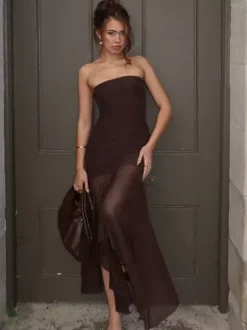 Robe de soirée maxi marron café sans bretelles plissée sexy semi-formelle robe d'été