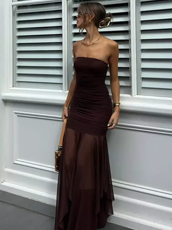Robe de soirée maxi marron café sans bretelles plissée sexy semi-formelle robe d'été