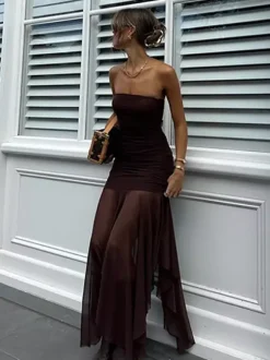 Robe de soirée maxi marron café sans bretelles plissée sexy semi-formelle robe d'été