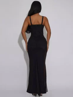 Robe de soirée maxi moulante sans manches à sequins sur les côtés transparents pour femmes 2026