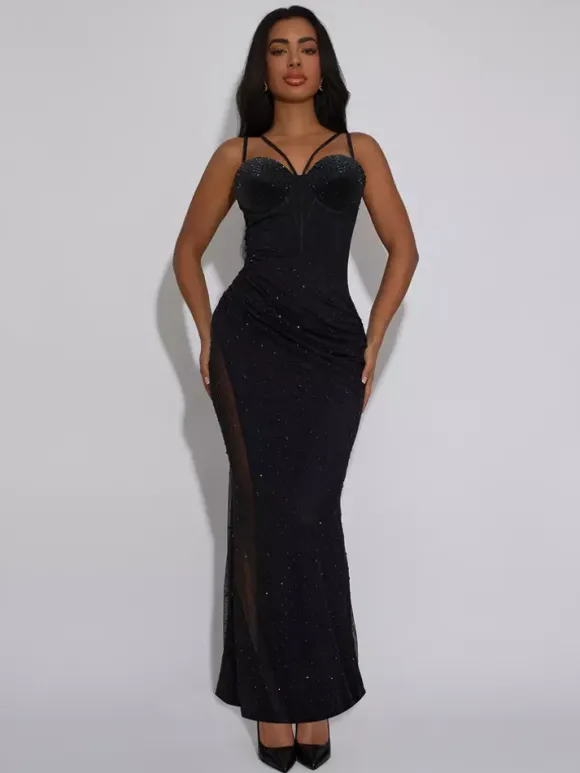 Robe de soirée maxi moulante sans manches à sequins sur les côtés transparents pour femmes 2026
