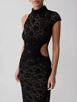 Robe de soirée maxi noire à col montant en dentelle sans manches moulante et sexy robe semi-formelle
