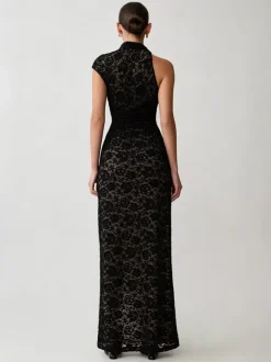 Robe de soirée maxi noire à col montant en dentelle sans manches moulante et sexy robe semi-formelle