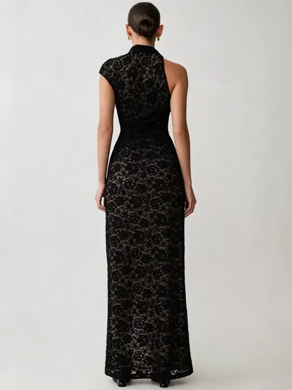 Robe de soirée maxi noire à col montant en dentelle sans manches moulante et sexy robe semi-formelle