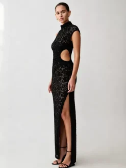 Robe de soirée maxi noire à col montant en dentelle sans manches moulante et sexy robe semi-formelle