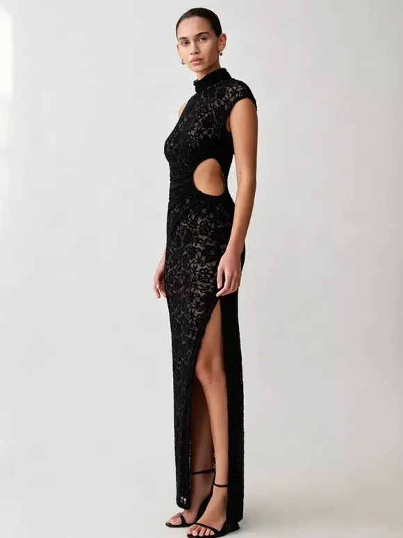 Robe de soirée maxi noire à col montant en dentelle sans manches moulante et sexy robe semi-formelle