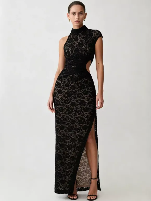 Robe de soirée maxi noire à col montant en dentelle sans manches moulante et sexy robe semi-formelle