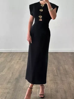Robe de soirée maxi noire à col rond et boutons sans manches élégante et semi-formelle