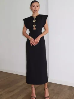 Robe de soirée maxi noire à col rond et boutons sans manches élégante et semi-formelle