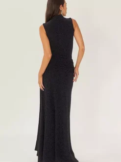 Robe de soirée maxi noire dos nu ceinturée chic et semi-formelle