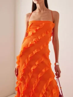 Robe de soirée maxi orange à épaules dénudées volants sans manches dos nu élégante et semi-formelle