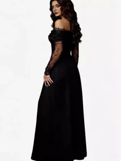 Robe de soirée maxi trapèze fendue manches longues et épaules dénudées en dentelle cils et dentelle cils