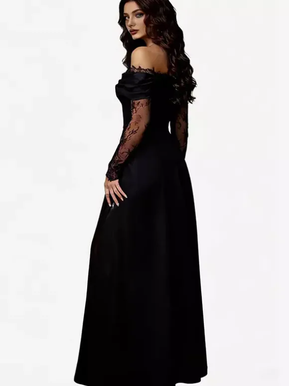 Robe de soirée maxi trapèze fendue manches longues et épaules dénudées en dentelle cils et dentelle cils