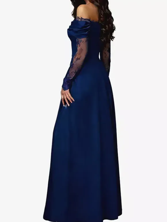 Robe de soirée maxi trapèze fendue manches longues et épaules dénudées en dentelle cils et dentelle cils