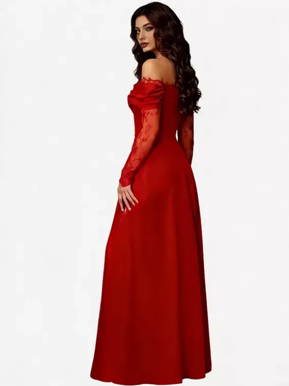 Robe de soirée maxi trapèze fendue manches longues et épaules dénudées en dentelle cils et dentelle cils