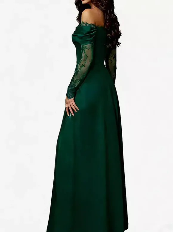 Robe de soirée maxi trapèze fendue manches longues et épaules dénudées en dentelle cils et dentelle cils