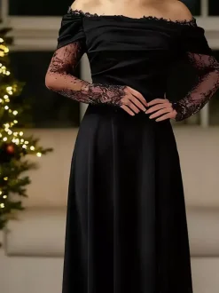 Robe de soirée maxi trapèze fendue manches longues et épaules dénudées en dentelle cils et dentelle cils