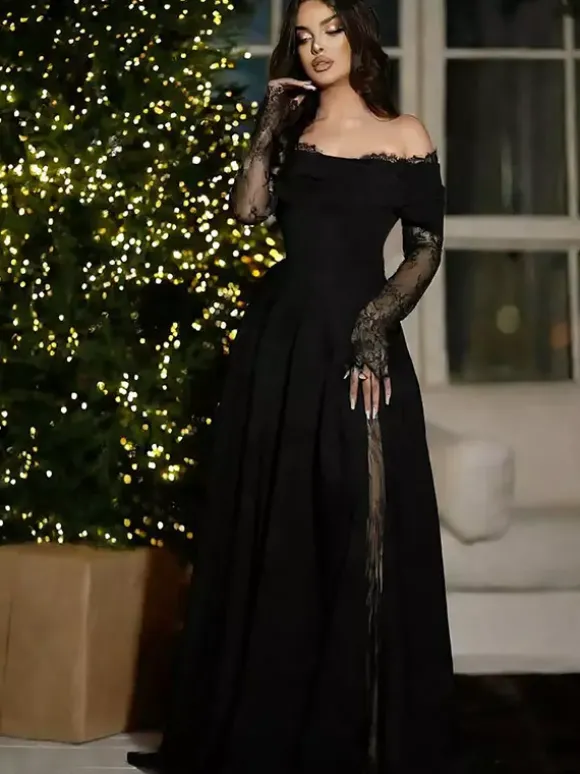 Robe de soirée maxi trapèze fendue manches longues et épaules dénudées en dentelle cils et dentelle cils