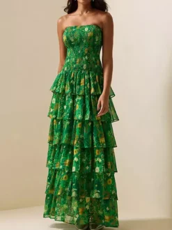 Robe de soirée maxi verte sans bretelles à volants et sans manches style décontracté semi-formel