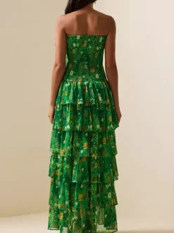 Robe de soirée maxi verte sans bretelles à volants et sans manches style décontracté semi-formel
