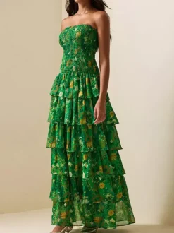 Robe de soirée maxi verte sans bretelles à volants et sans manches style décontracté semi-formel
