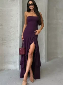 Robe de soirée maxi violette sans bretelles plissée sexy semi-formelle robe d'été