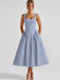 Robe de soirée midi rose à bretelles col plissé à carreaux style classique semi-formel robe d'été