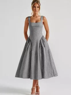 Robe de soirée midi rose à bretelles col plissé à carreaux style classique semi-formel robe d'été