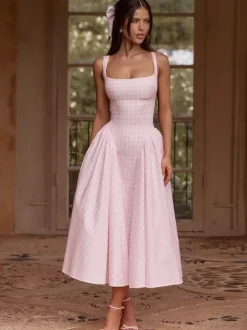 Robe de soirée midi rose à bretelles col plissé à carreaux style classique semi-formel robe d'été