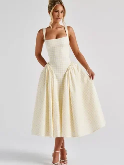 Robe de soirée midi rose à bretelles col plissé à carreaux style classique semi-formel robe d'été