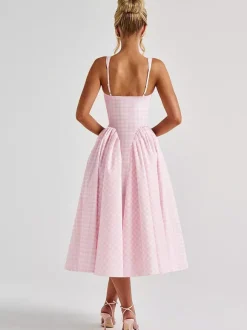 Robe de soirée midi rose à bretelles col plissé à carreaux style classique semi-formel robe d'été