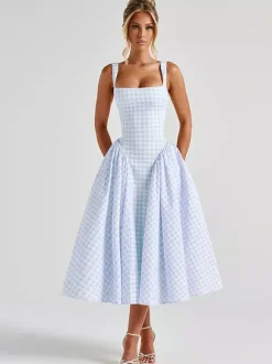 Robe de soirée midi rose à bretelles col plissé à carreaux style classique semi-formel robe d'été