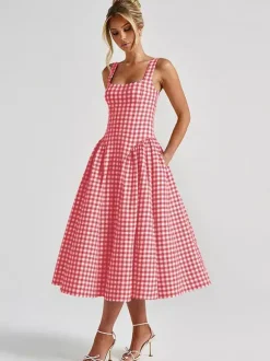 Robe de soirée midi rose à bretelles col plissé à carreaux style classique semi-formel robe d'été