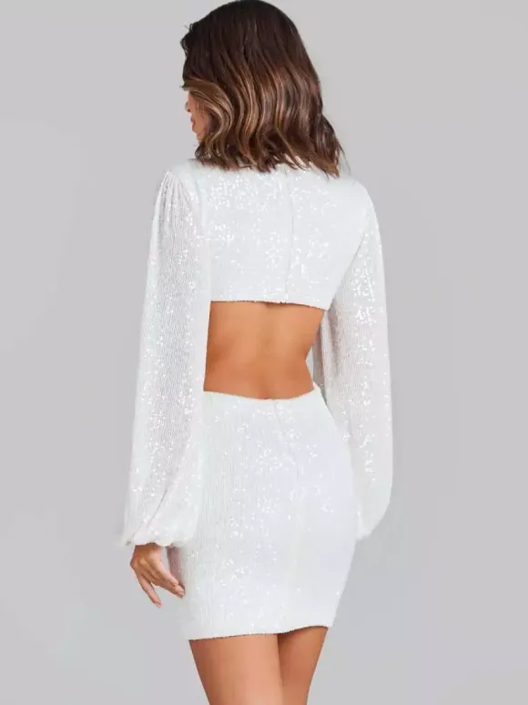 Robe de soirée mini blanche à sequins col V manches longues croisées bouffantes style décontracté/semi-formel