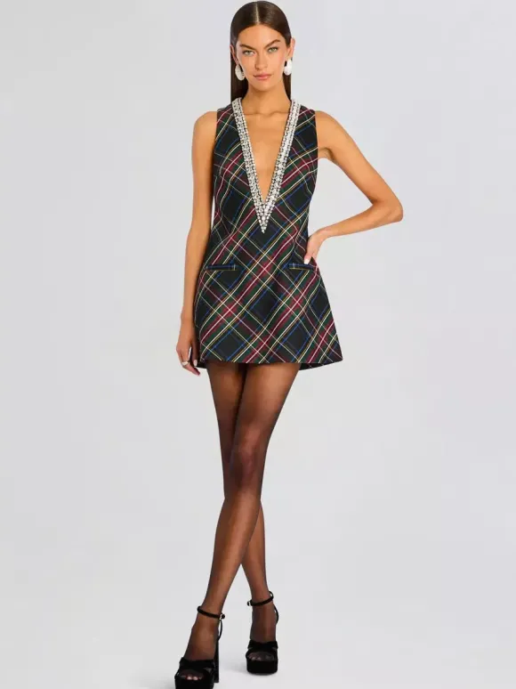 Robe de soirée mini bleu marine foncé à col en V ornée de strass sans manches sexy et semi-formelle