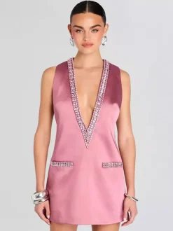 Robe de soirée mini bleu marine foncé à col en V ornée de strass sans manches sexy et semi-formelle