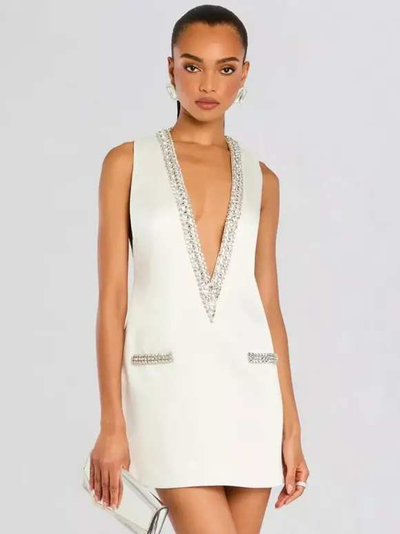 Robe de soirée mini bleu marine foncé à col en V ornée de strass sans manches sexy et semi-formelle
