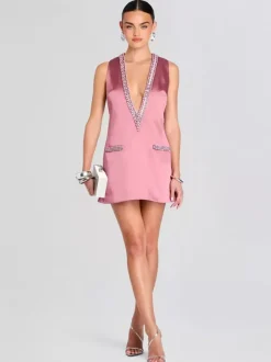 Robe de soirée mini bleu marine foncé à col en V ornée de strass sans manches sexy et semi-formelle