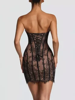 Robe de soirée mini bordeaux sans bretelles à lacets dos nu sexy et semi-formelle