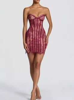 Robe de soirée mini bordeaux sans bretelles à lacets dos nu sexy et semi-formelle