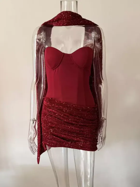 Robe de soirée mini corset à sequins avec foulard pour femme 2026