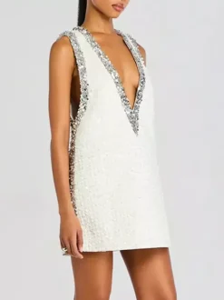 Robe de soirée mini dorée à sequins col en V sans manches sexy et semi-formelle