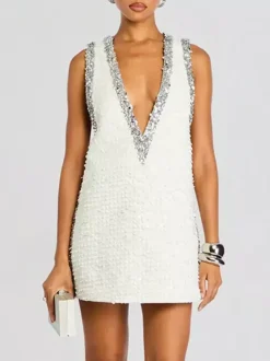 Robe de soirée mini dorée à sequins col en V sans manches sexy et semi-formelle