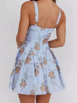 Robe de soirée mini dos nu à 艙illets et fermeture éclair sans manches à imprimé floral et col carré robe chic