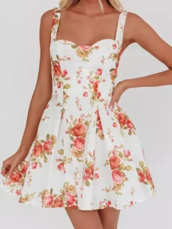 Robe de soirée mini dos nu à 艙illets et fermeture éclair sans manches à imprimé floral et col carré robe chic