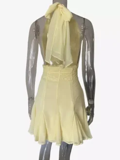 Robe de soirée mini en mousseline plissée dos nu décolleté plongeant en V et dentelle collection femme 2026