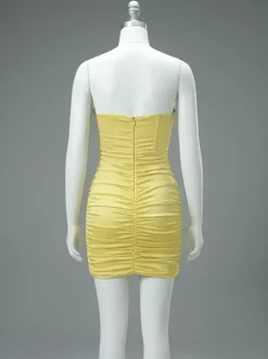 Robe de soirée mini jaune sans bretelles sexy semi-corset en satin moulant robe de soirée formelle pour boîte de nuit